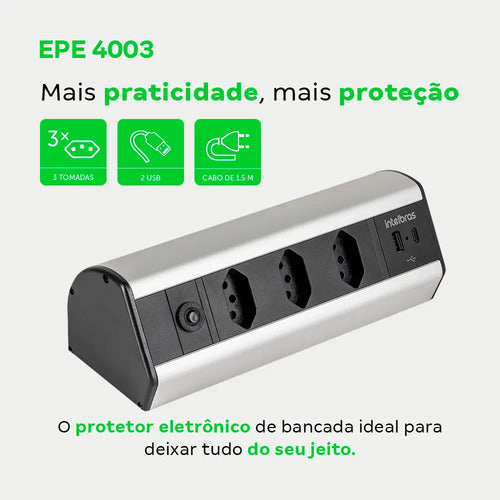 PROTETOR ELETRONICO 3 TOMADAS 2 USB P/BANCADA EPE 4003  INTELBRAS