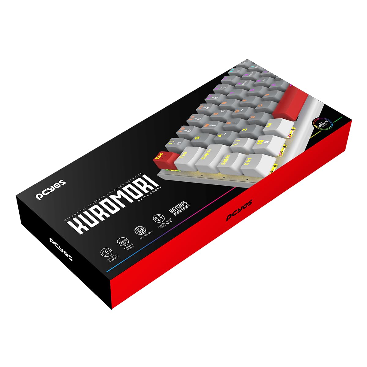 TECLADO MECANICO 60% PCYES KUROMORI WHITE GHOST - SWITCH RED - LED RAINBOW - PTKMWG60RD